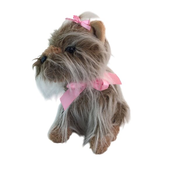 Realistic Yorkie Yorkshire Terrier Puppy Dog Plush 12" Long Hair Pink Bows - Picture 1 of 8